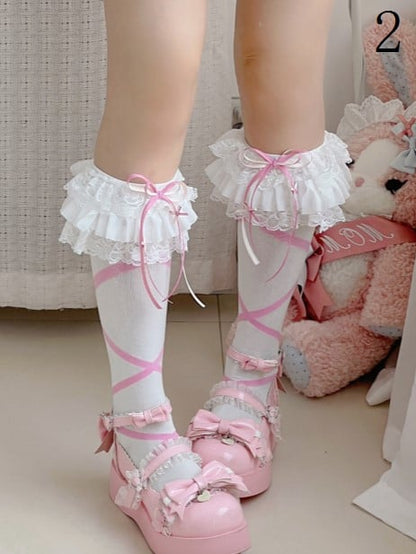 White Lolita Hollow-out Ruffled Cuffs Calf Socks With Crisscorss Banded Pattern