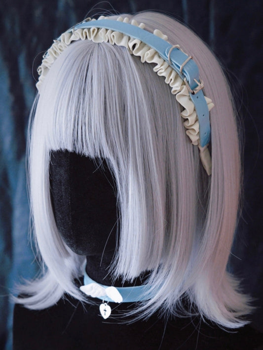 Heart Charm Blue and White PU Buckle Ruffled KC