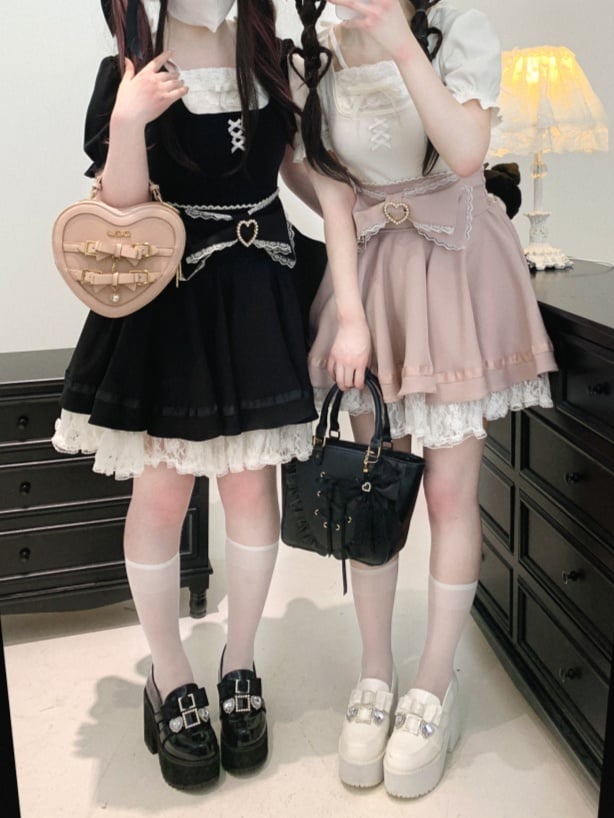 Jirai Kei Lace Trim Beaded Heart Decorated Big Bow Lace-up Back Black/Light Blue Skirt