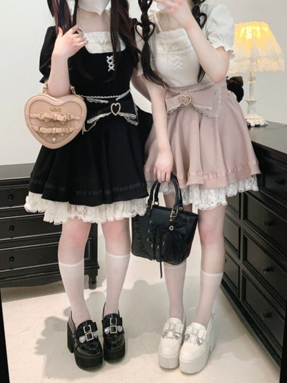 Jirai Kei Lace Trim Beaded Heart Decorated Big Bow Lace-up Back Black/Light Blue Skirt