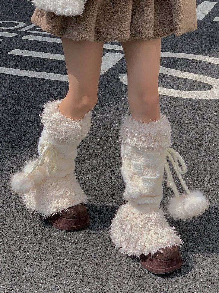 Off-white Sweet Checked Plush Leg Warmers With Pompons