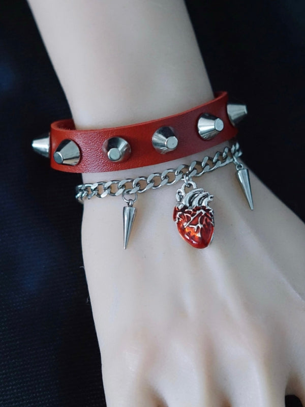 Red Gothic Heart Charm Studs Decorated Bracelet Set