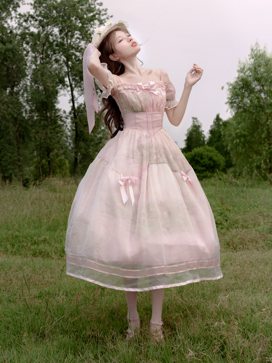 Oil Painting Water Lily Print Basque Waist Light Pink Dress with Organza Overlay