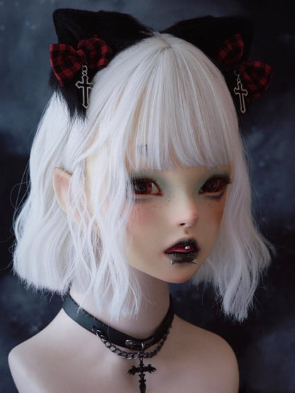 Black Cat Ear With Red Plaid Pattern Bowknot Clip