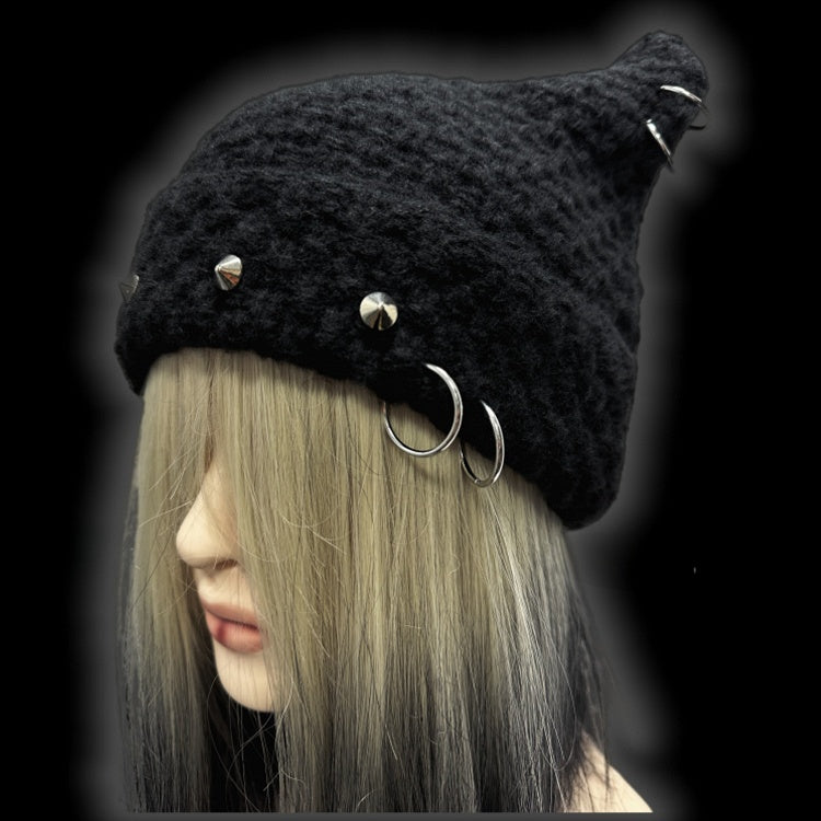 Black Punk Rock Studs Design Cat Ears Beanie