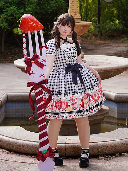 Plus Size Black Bow and Strawberry Print Lolita Gingham Dress