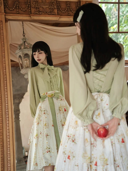 White Elegant Classic Lolita Skirt with Hawthorn and Bird Print and Green Belt