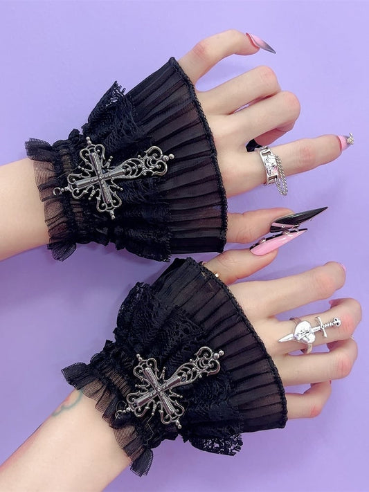 Black Gothic Cross Decorated Lace Trim Wrist Cuffs