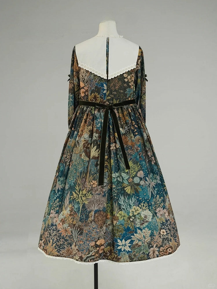 Green & Blue Floral Print Long-Sleeve Elegant Classic Lolita Dress with Waist Belt