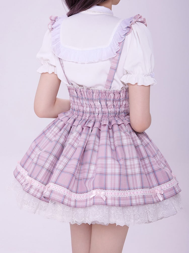 Pink Lace-up High Waist Jirai Kei Plaid Skirt with Detachable Flutter Straps