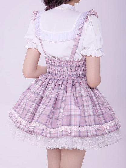 Pink Lace-up High Waist Jirai Kei Plaid Skirt with Detachable Flutter Straps