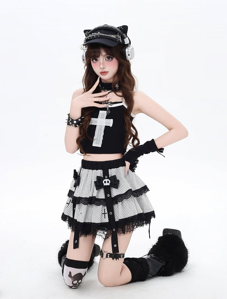 White Stripes Lace Trim Punk Lined Tiered Skirt with Skeleton Bow Clips