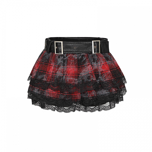 Black and Red Plaid Lace Trim Tiered Skirt with Buckle Belt Design