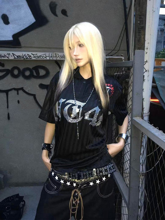 Y2K Black Stripes Polo T-Shirt with Gothic Print