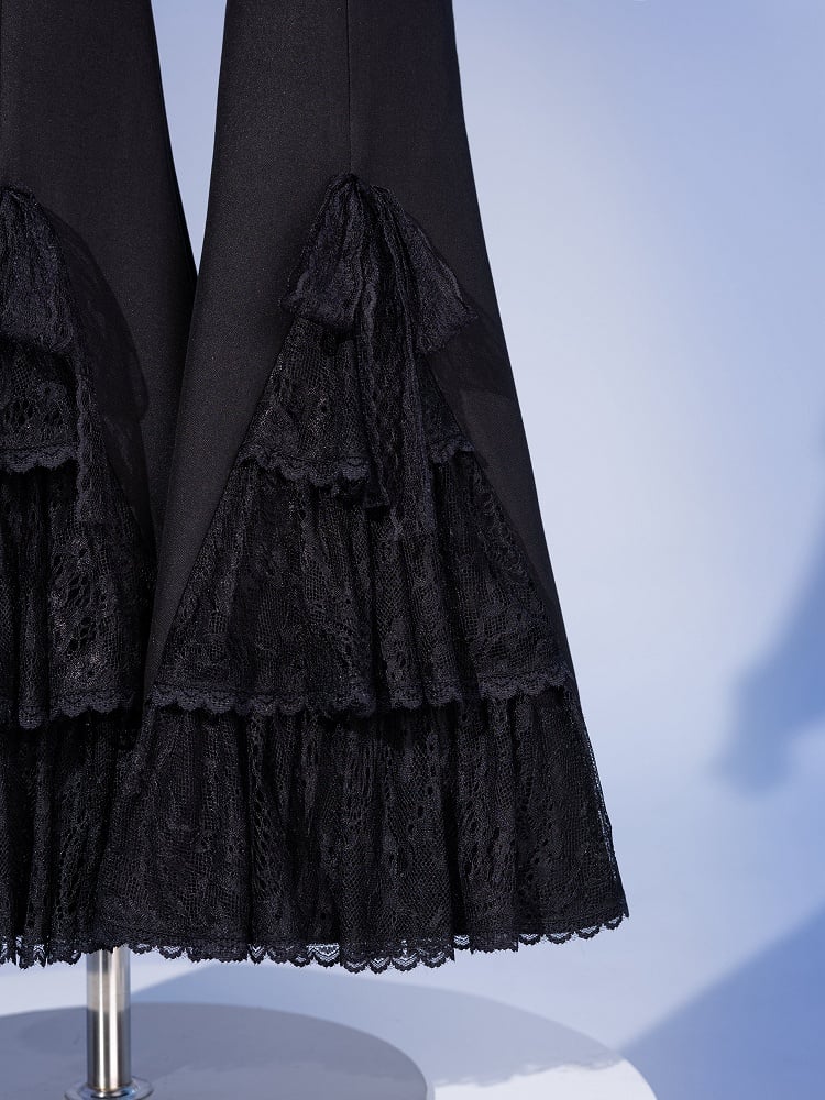 Black Corset Belt High Waist Lace Patched Flared Pants