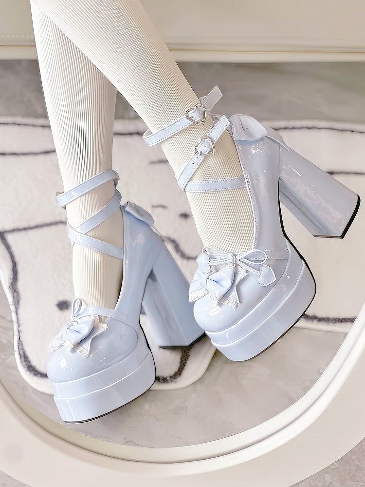 Blue Lace Trim Bow at Top Heart Buckles Crisscross Design Platform High Block Heels