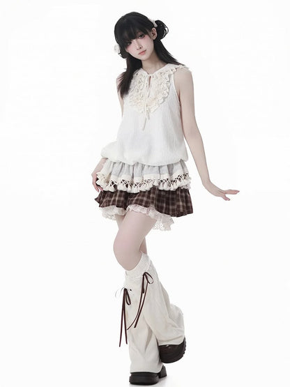 Brown Plaid Lace Trim Tiered Skort