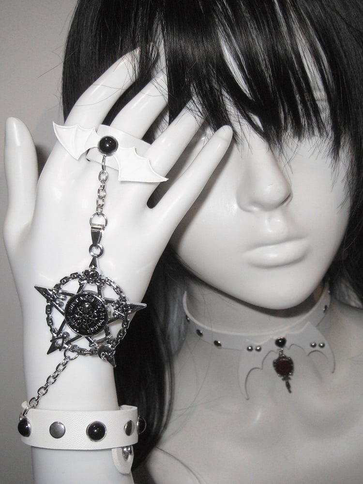 Black/White/Red Stud Detail with Bat Wings Design Ring