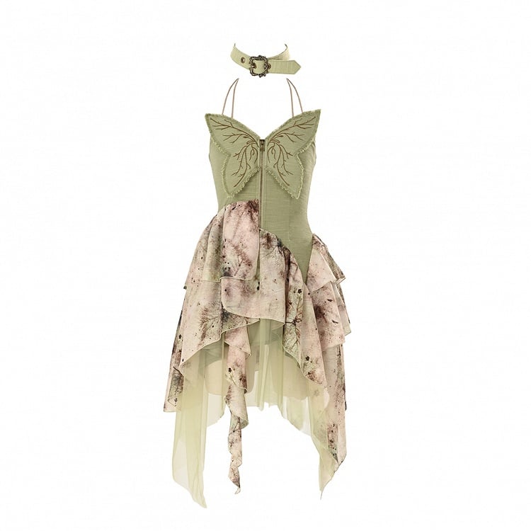 Summer Fairycore Handkerchief Hem Dress Green Butterfly Design Bodice