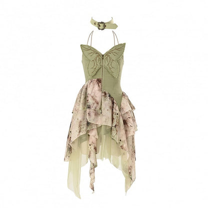 Summer Fairycore Handkerchief Hem Dress Green Butterfly Design Bodice