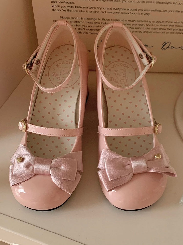 PU Pink Elegant Lolita Mary Janes - High Block Heel & Heart-Adorned Bow