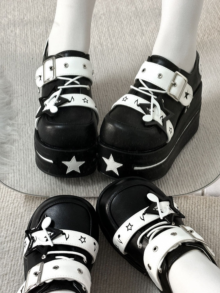 Black Jirai Kei Star Design Buckle Strap Platform Shoes