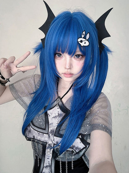 Blue 63CM Length Straight Wig With Full Bangs