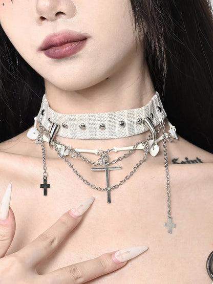 White Punk Stud Cross Pendants Choker