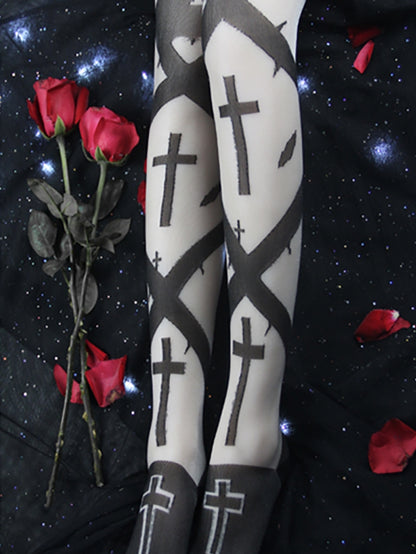 Black/White Gothic Cross Print Overknee Stockings