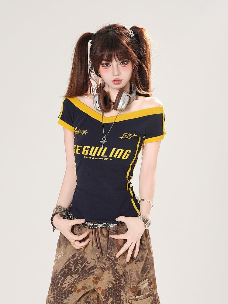 Navy Blue/Army Green Off-the-shoulder Neckline Letter Print T-shirt