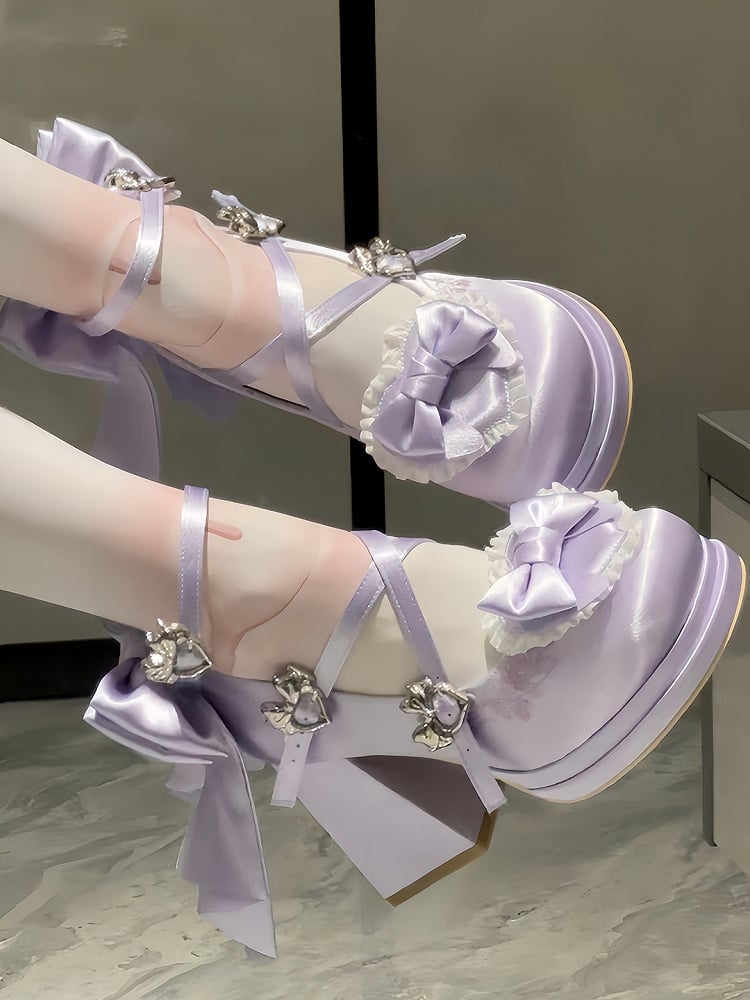 Removable Bow, Crisscross Design & Heart-Inspired Design Satin Purple High Block Heels in Elegant Lolita