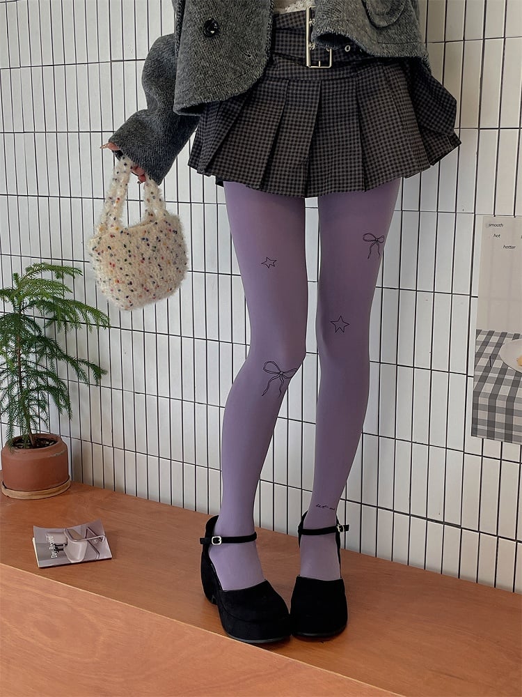 Creamy White/Light Gray/Purple Bowknot and Star Print Pantyhose