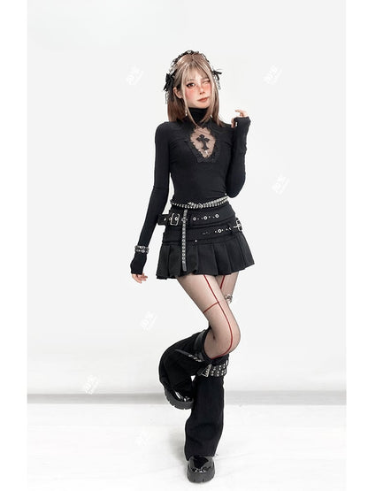 Gothic Black Y2K High Neck Cross Cutout Detail Glamorous Top