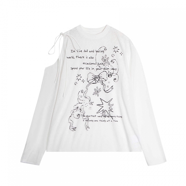 Bowknot Graffiti Print Cutout Shoulder Black/White Semi-sheer Coverup