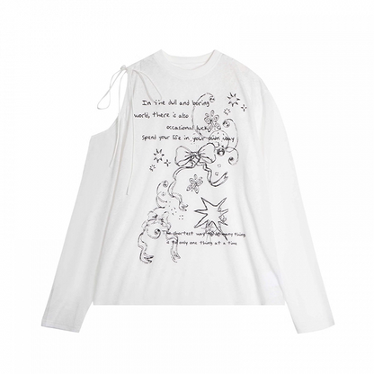 Bowknot Graffiti Print Cutout Shoulder Black/White Semi-sheer Coverup