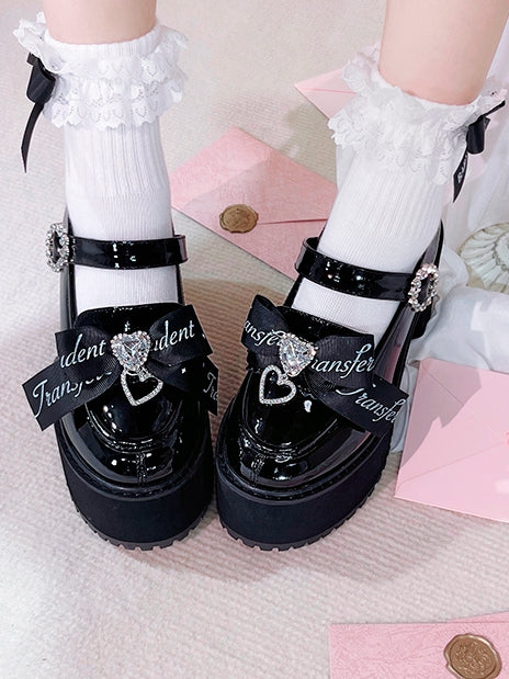 Jirai Kei Rhinestones Bow Clips Black Chunky Heels Landmine Style Platforms