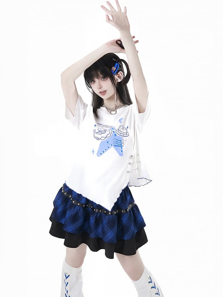 Blue Jellyfish Print Pin Details Slit Hem Asymmetrical Lettuce Hem White T-shirt