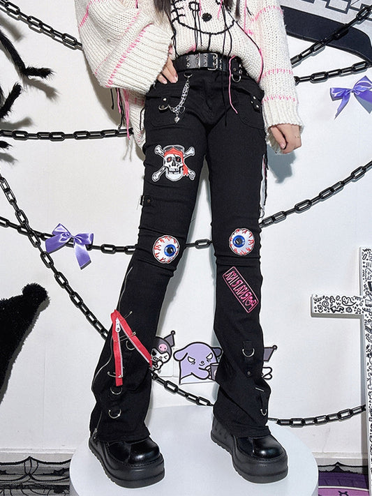 Skull and Chains Decorated Black Zips Design Punk Jeans
