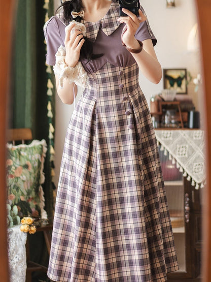 Light Purple Plaid Pattern Slim Fit Waist Retro Fashion Short Sleeves Dress