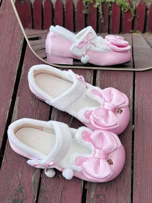 Pink Sweet Lolita Heart Charm Plush Bunny Ear Bow at Top Round Toe Shoes