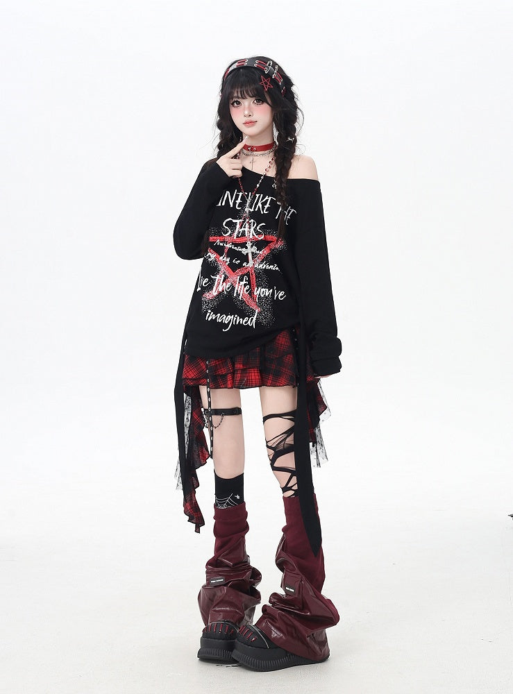 Black Asymmetrical Neckline Star Graffiti Print Loose Top