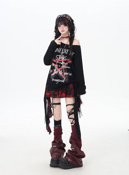 Black Asymmetrical Neckline Star Graffiti Print Loose Top