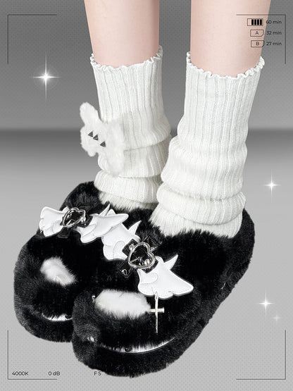 Cross Wings Decorated Black Plush Platform Slippers Punk Winter Shoes