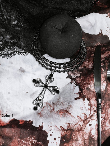 White/Black Gothic Punk Cross Pendant Multi-layer Choker