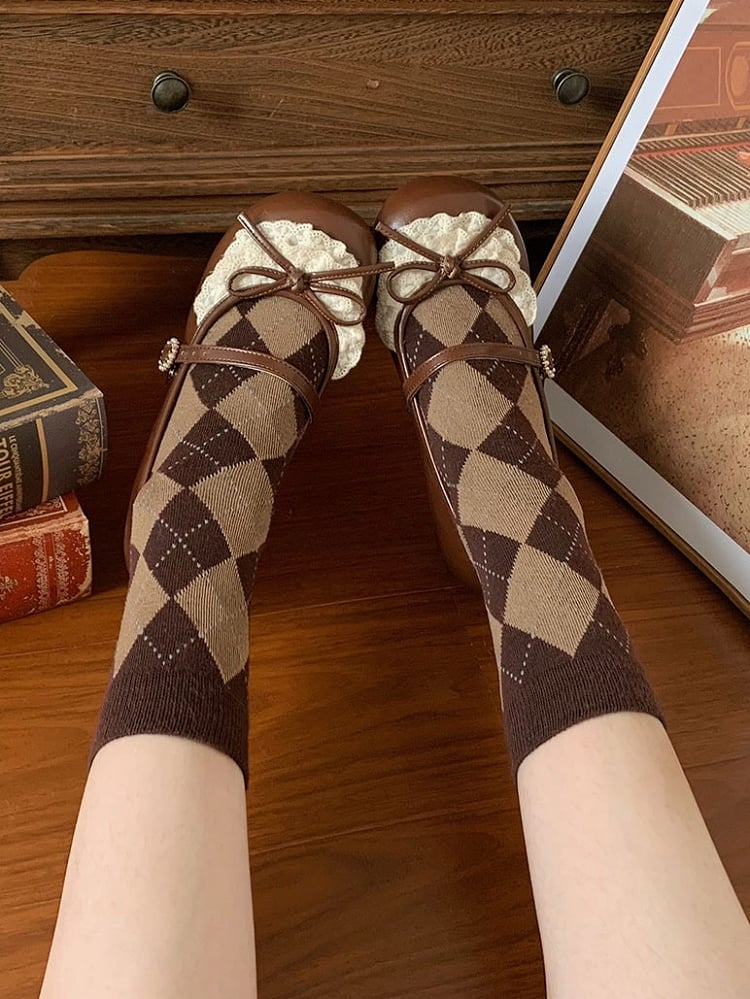 Dark Brown Knotted Bow Accent Lace Trim 2.2CM Heels Round Toe Mary Janes