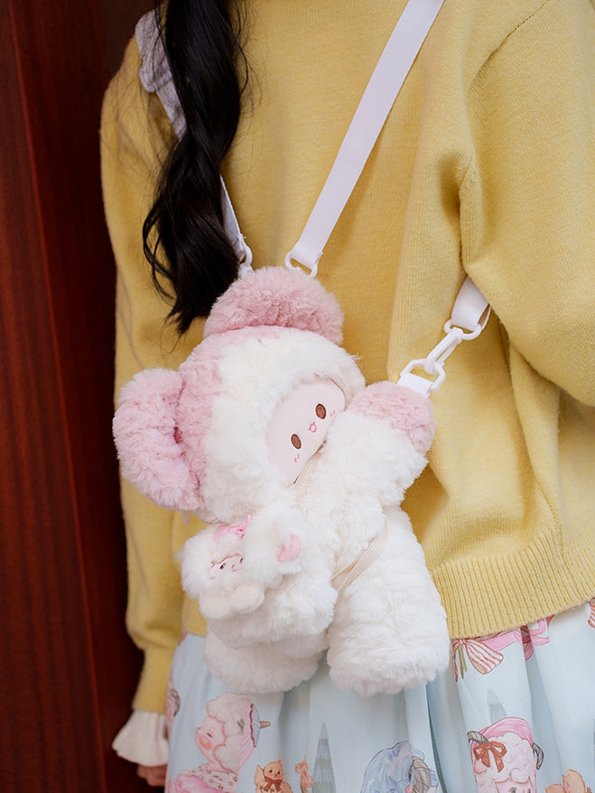 White&Pink Plush Cute Mouse Backpack/Crossbody Bag + 2 Options Backpack Keychain Small/Middle Size