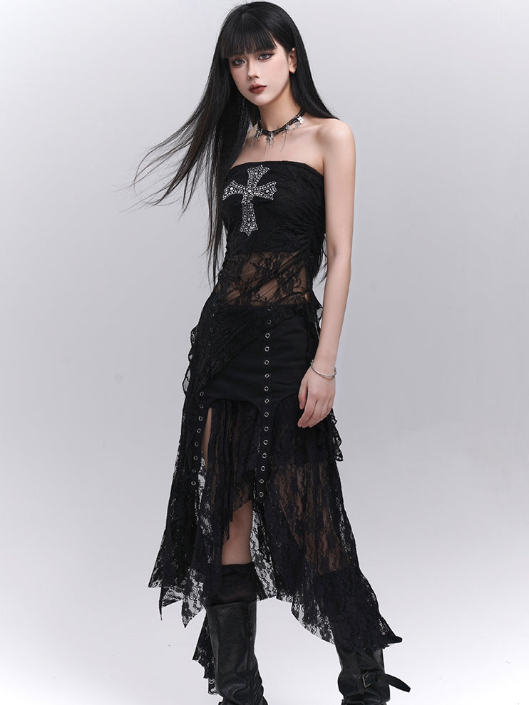 Black Elastic Waist Asymmetrical Hem Side Slit Lace Skirt