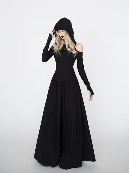 Gothic Black Cutout Shoulder Wasteland Punk Hooded Dress