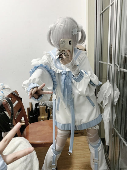 Tenshi Kaiwai White & Blue Sailor Collar Wings Design Jirai Kei Jacket/Leg Warmers