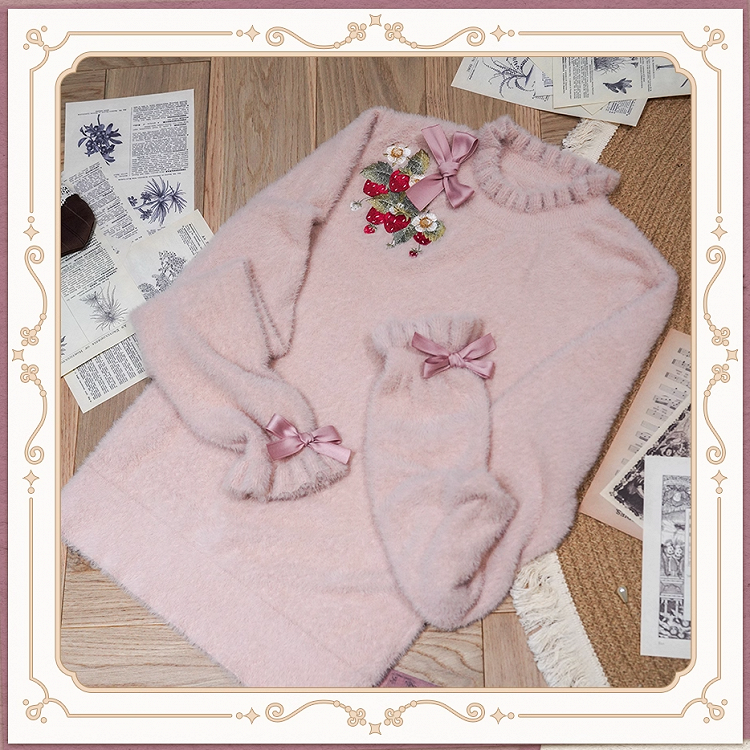 Strawberry Embroidery Neckline Bowknot on Cuffs Dusty Pink Autumn Knit Top